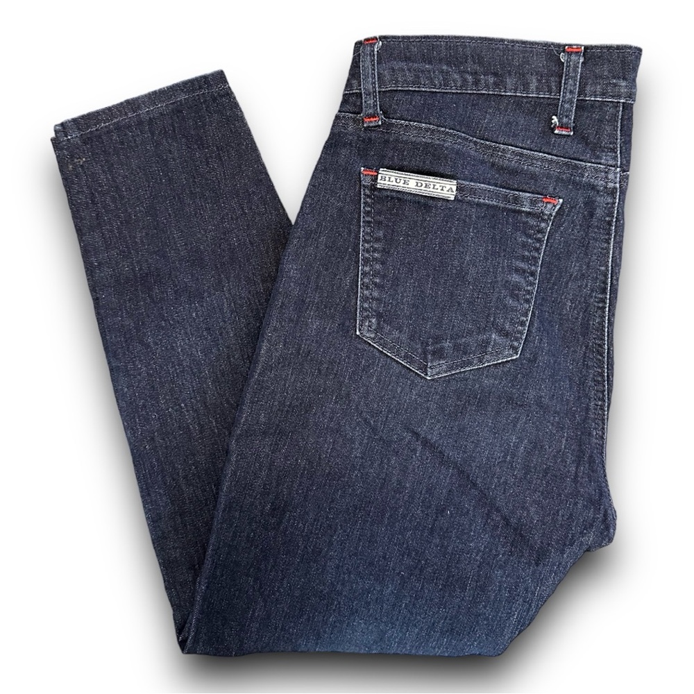 BLUE DELTA $450 raw denim jeans *LIKE NEW* STRETCH DARK RINSE 10 WOMENS #OS23
